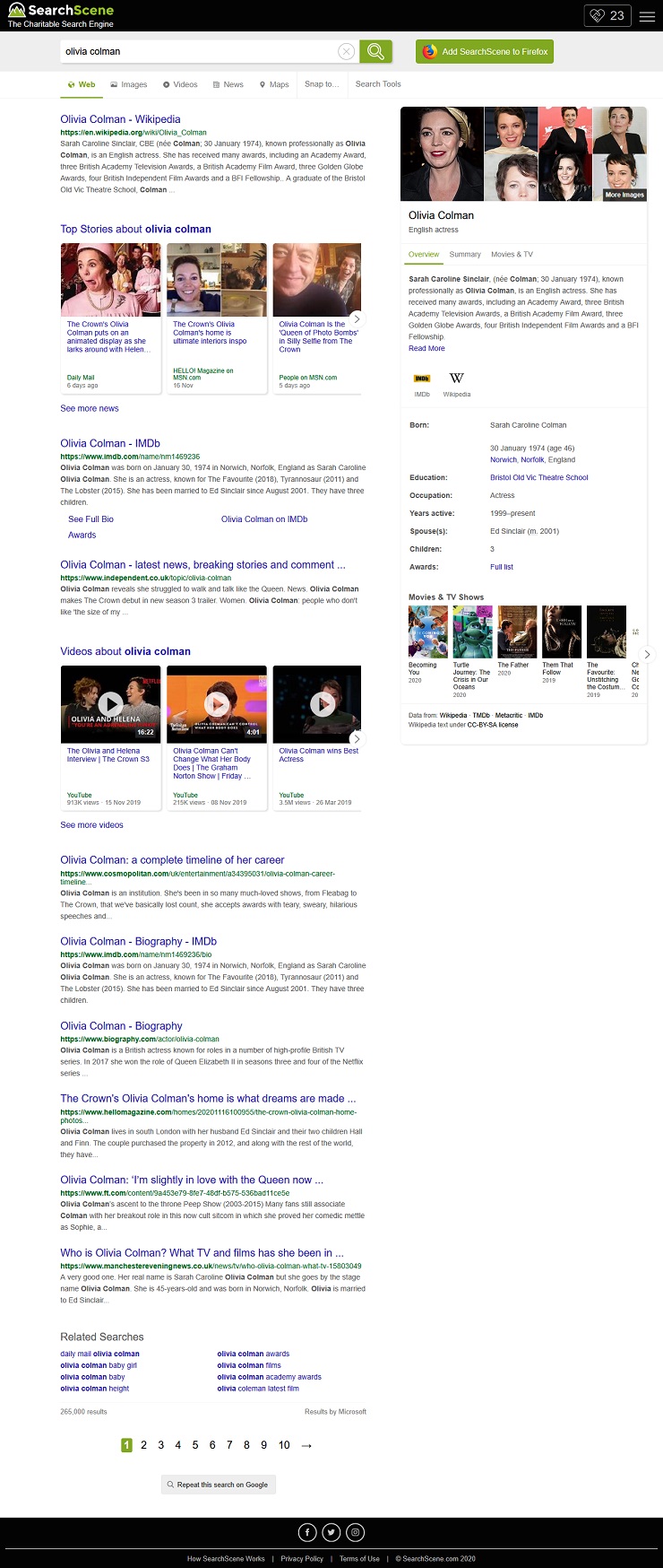 SearchScene search results for 'Olivia Colman', showing a detailed right-side knowledge panel.
